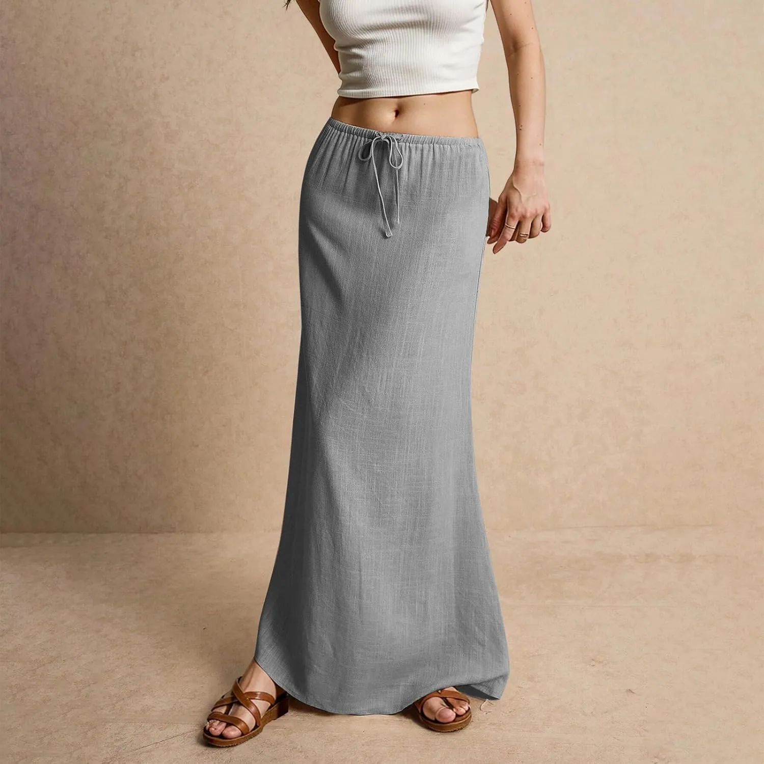 ZWRXW Linen Maxi Skirts for Women Cotton Linen Skirt Elastic Waist Drawstring Waist A Line Skirts Flowy Ankle-Length Skirt