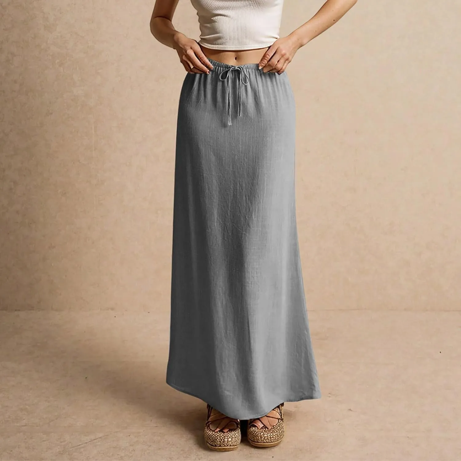 ZWRXW Linen Maxi Skirts for Women Cotton Linen Skirt Elastic Waist Drawstring Waist A Line Skirts Flowy Ankle-Length Skirt