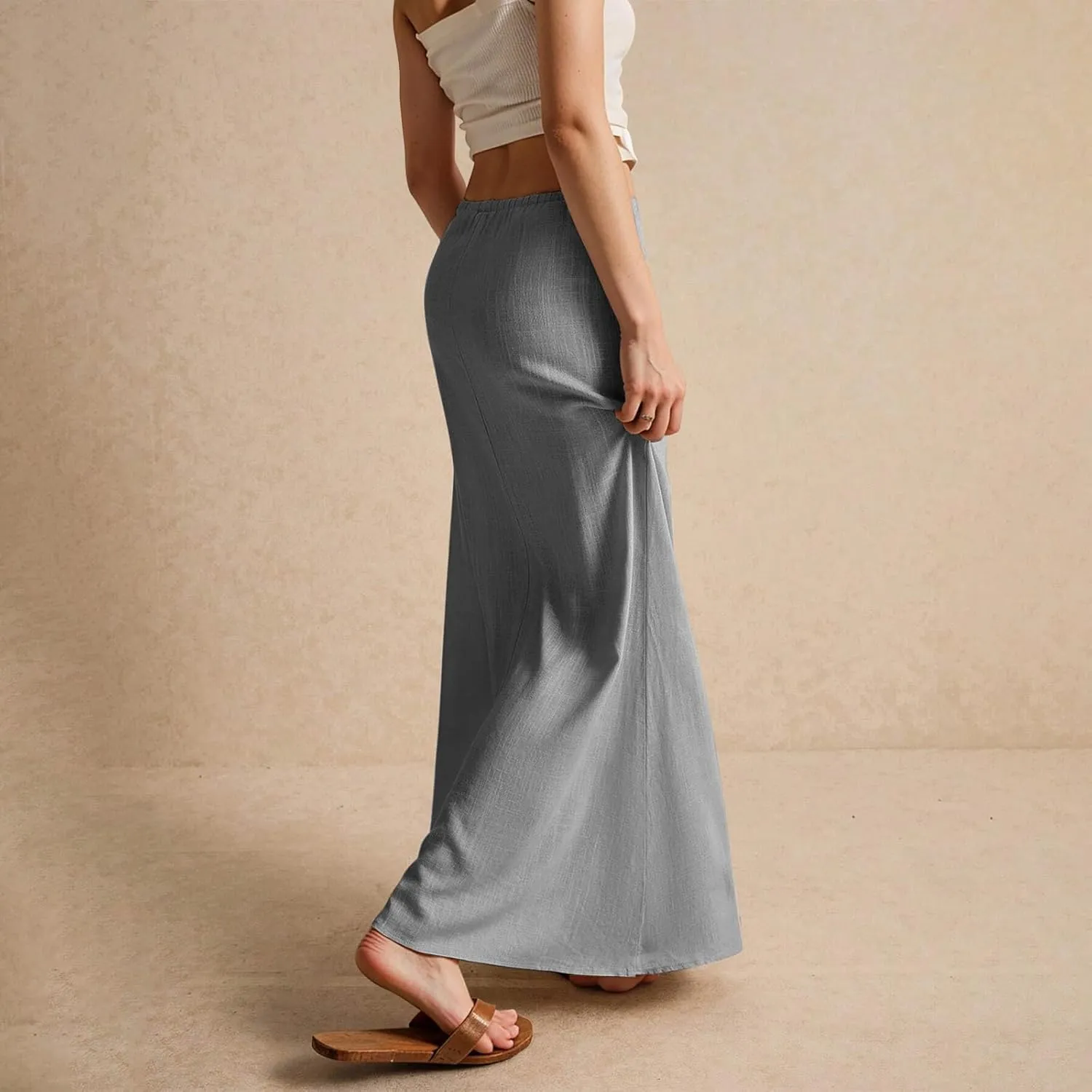 ZWRXW Linen Maxi Skirts for Women Cotton Linen Skirt Elastic Waist Drawstring Waist A Line Skirts Flowy Ankle-Length Skirt